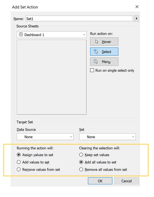 Set Actions menu screen Tableau