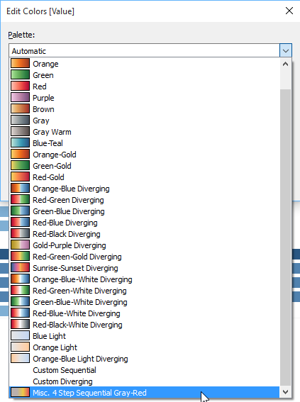 Custom continuous color palette selectable