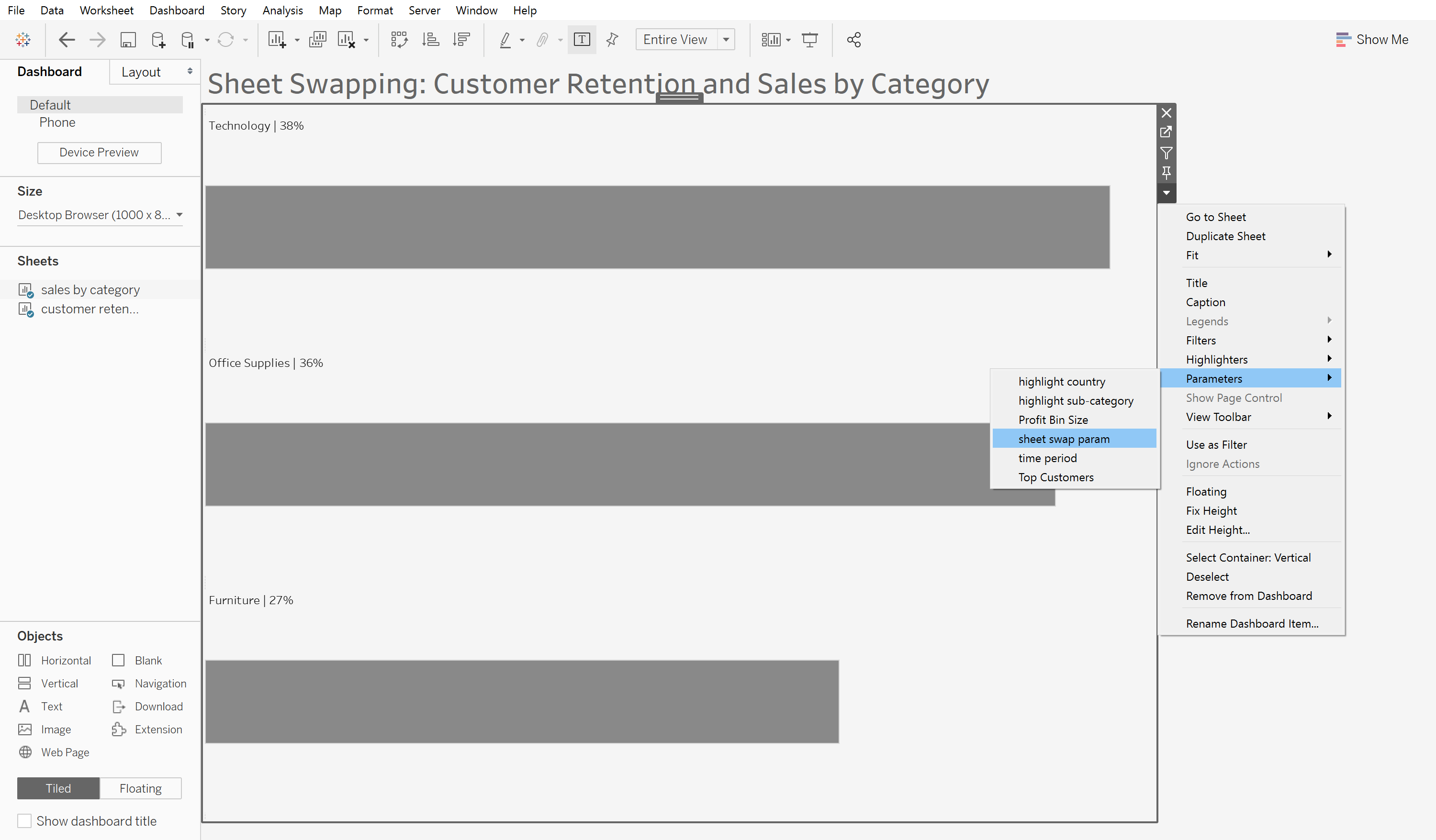 Sheet swapping example in a container