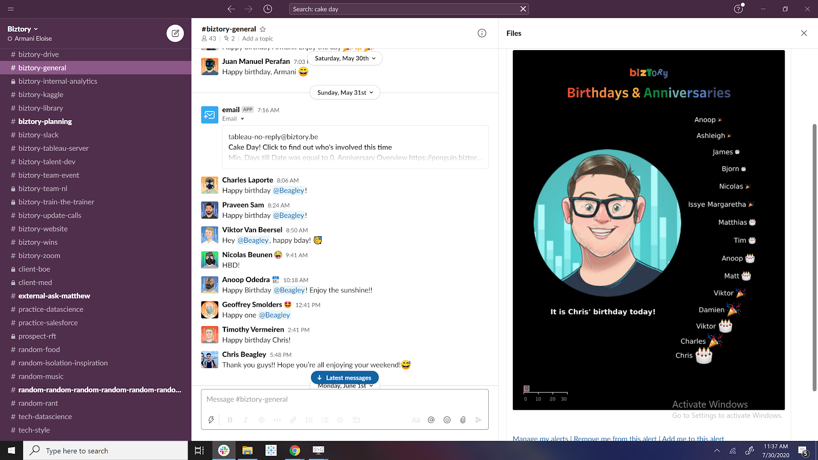 Biztory Anniversary overview in Slack