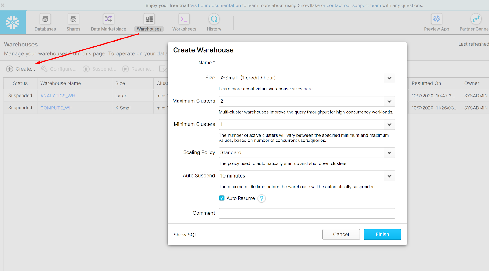 Create your Snowflake warehouse