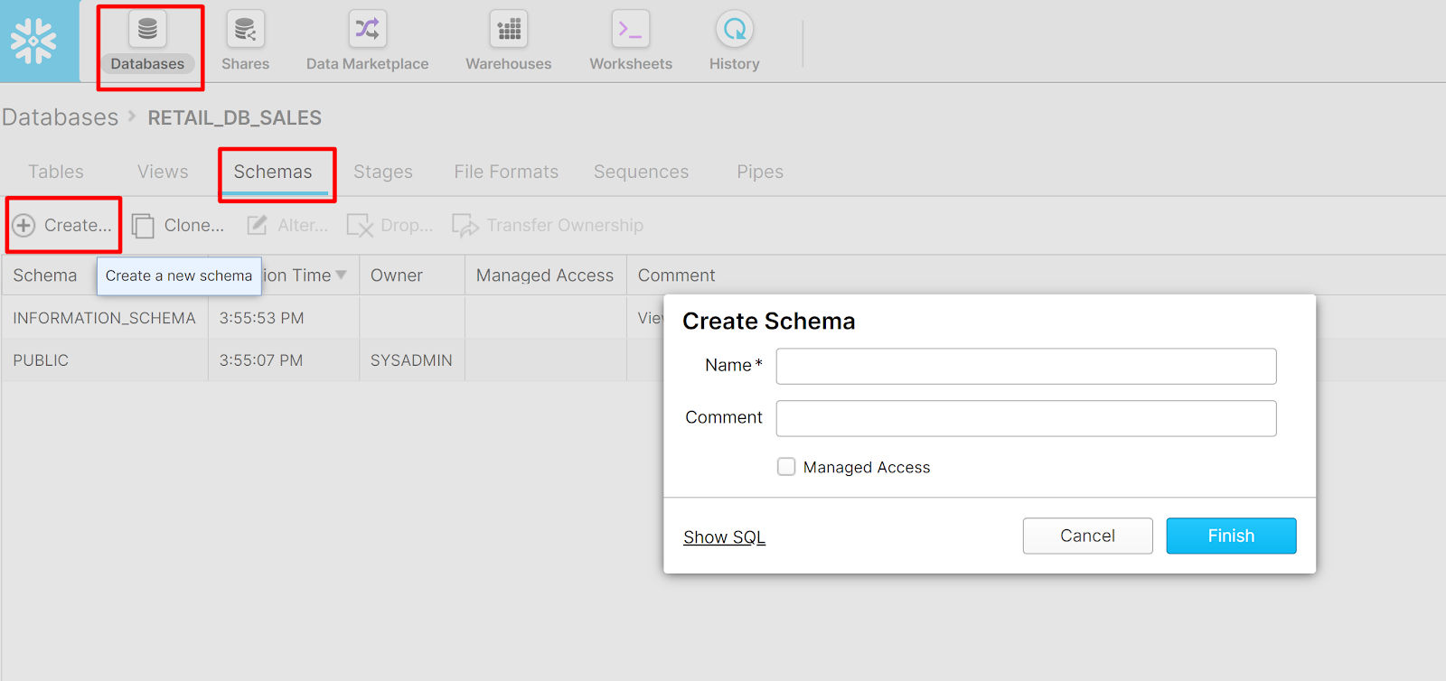 Create schema Snowflake