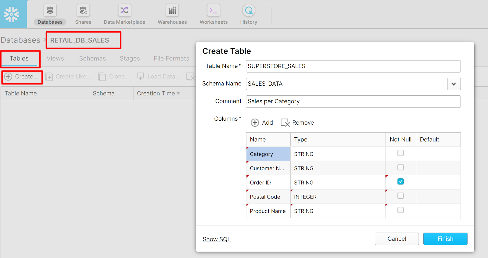 Create table in Snowflake